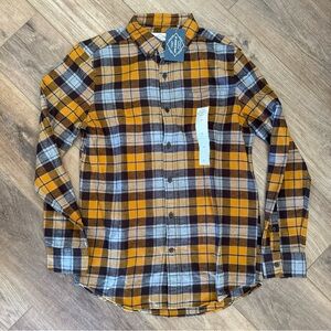 St. John's Bay Mustard and Brown Plaid Button-Down Shirt Flannel